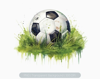 May include: A watercolor painting of a soccer ball in green grass with watercolors dripping down. The soccer ball is white with black panels.