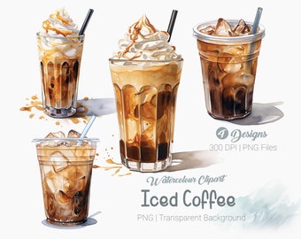 Watercolor Iced Coffee Clipart, Creamy Milk Ice Coffee Clipart, Sweet Iced Coffee Clipart, Prints, transparent background, Wall Art Print
