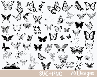 May include: A set of 60 black and white butterfly silhouette designs. The butterflies are in various poses and sizes. The designs are perfect for crafting, scrapbooking, and other creative projects.