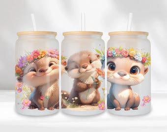 Cute Otters Glass Can Wrap, Cute Animals 16oz Glass Can, Flower Crown Otter 16oz Libbey Glass Cup Tumbler Wrap, Sublimation Design