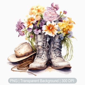 Floral Cowgirl Boots Clipart, Cowgirl hat Clipart, Watercolor Cowboy Boots Clipart, Country Sublimation print, transparent background png