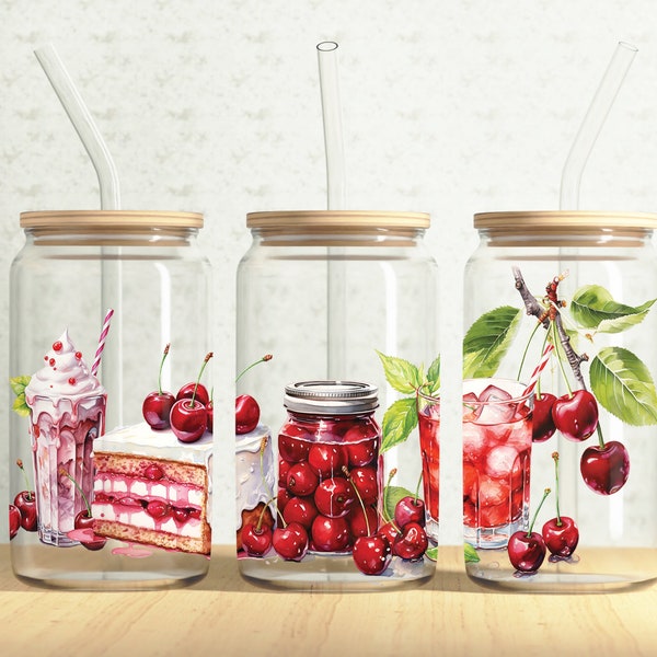 Cherries Glass Can Wrap, cherry 16oz Glass Can, Cherry Cake 16oz Libbey Glass Cup Tumbler Wrap, Sublimation Design