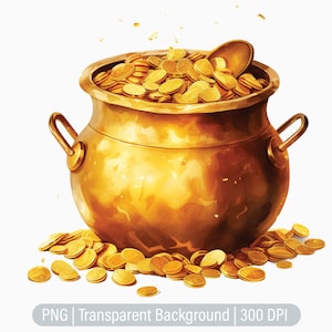 Gold Coins Clipart, Gold Coin Pot, Old Coins PNG, Junk Journals, Scrapbooking, Sublimation Graphics, Transparent png, Art Prints