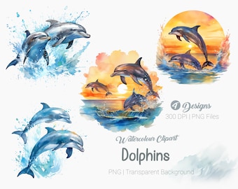 Aquarell Delfine Clipart, Ozean Sonnenuntergang, Meerestiere png, Delfin Clipart, Sublimationsgrafiken drucken, transparenter Hintergrund png