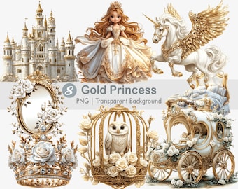 Clipart de princesa dorada, princesa blanca y dorada PNG, castillo dorado, gráficos de sublimación imprimibles, impresión de arte de pared