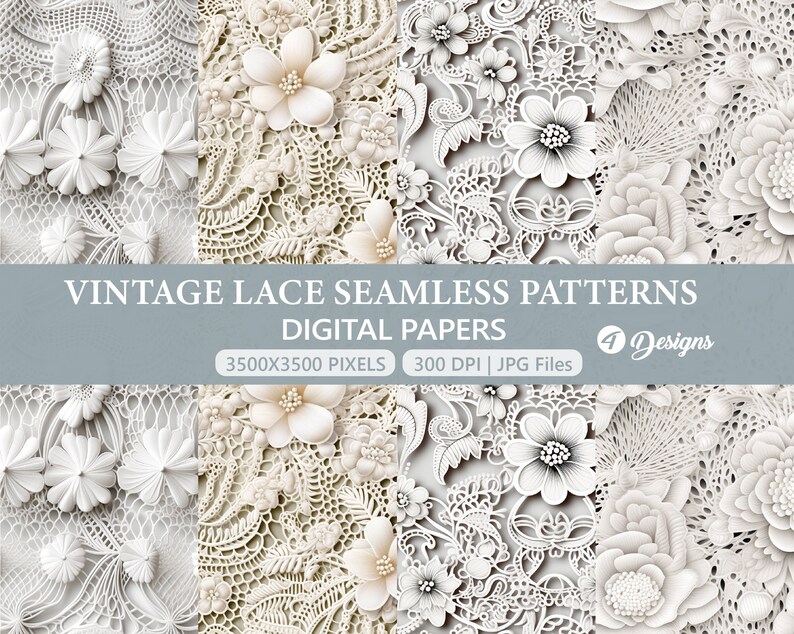 Vintage Lace Digital Paper, Lace Fabric Pattern, White Lace Background