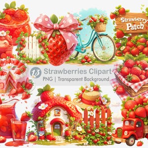 Puede incluir: Un conjunto de 13 imágenes de clipart digital que presentan fresas en varios escenarios, incluyendo un tarro de mermelada de fresa, un pastel de fresa, una casa de fresa, una cesta de fresas, una jarra de jugo de fresa, un vaso de jugo de fresa, una bicicleta con una cesta de fresas, un letrero que dice "Strawberry Patch" y un camión rojo con una cama llena de fresas. Todas las imágenes tienen un fondo transparente.