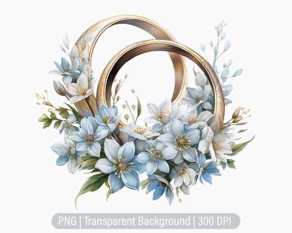 Floral Wedding Rings Clipart, Wedding Rings PNG, Gold Bands, Junk
