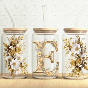 Gold Floral Letter Can Wrap, Monogram 16oz Glass Can, Name Initial 16oz Libbey Glass Cup Tumbler Wrap, Sublimation Design
