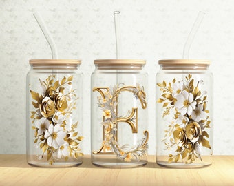 Gold Floral Letter Can Wrap, Monogram 16oz Glass Can, Name Initial 16oz Libbey Glass Cup Tumbler Wrap, Sublimation Design
