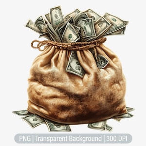 Clipart sacco di soldi, banconote da un dollaro in formato PNG, denaro contante, diari spazzatura, scrapbooking, grafica a sublimazione, png trasparenti, stampe artistiche