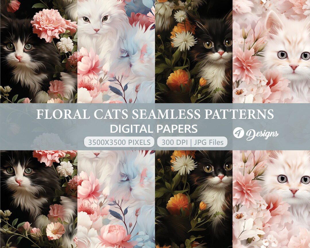 Floral Kitten Digital Paper, Cat Seamless Pattern, Pattern, Cute Cat ...