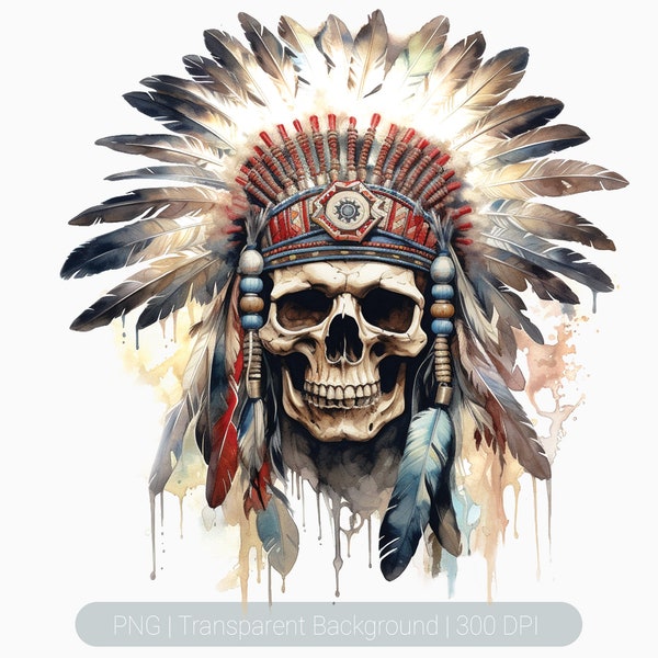 Native American Skull Clipart, Watercolor Headdress png, Indigenous, Wall Art Prints, Skull Feathers Clipart, Paper Craft, Scrapbook Clipart