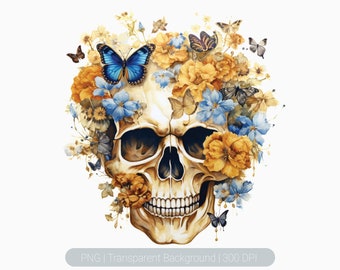 Watercolor Floral Gold Skull Clipart png, flower skull png, Skull clipart, Sublimation Graphics,   Skull Wall Art Prints, Skull Overlay