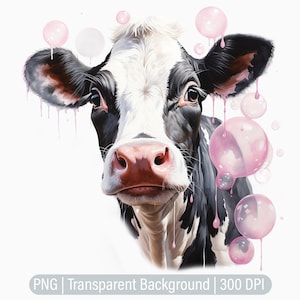 Cow & Bubbles Clipart, Cute Cow PNG, Farm Cow Clipart, Junk Journals, Scrapbooking, Sublimation Graphics, Transparent png, Art Prints