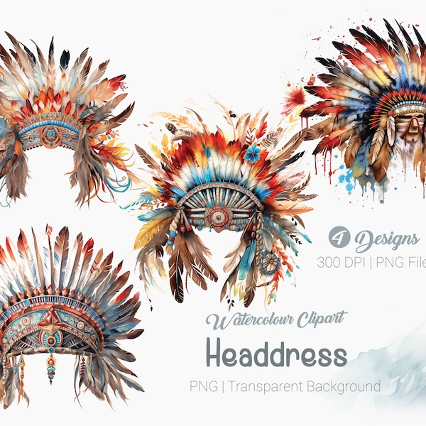 Native American Headdress Clipart, Native, Western Indian Headdress Graphiques imprimables Sublimation, fond transparent