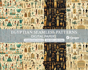 Egyptian Digital Paper, Ancient Egypt Seamless Pattern, Hieroglyphics Scrapbook paper, Junk pages, Scrapbook Papers, Wallpaper, Art Print