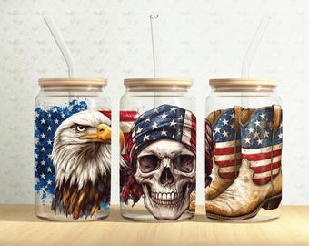 USA Patriotische Dosenverpackung, USA-Flagge 16 Unzen Glasdose, Weißkopfseeadler 16 Unzen Libbey Glasbecher-Behälter-Verpackung, Sublimations-Design