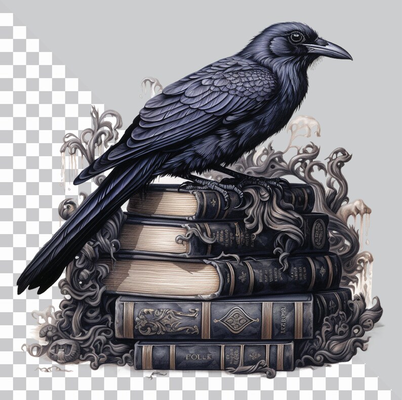 May include: A black raven perched on a stack of antique books with ornate covers. The books are decorated with intricate details and have titles like "Folle" and "Egoist." The raven's feathers are detailed and realistic.