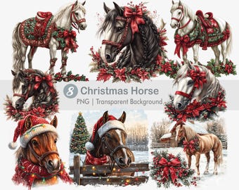 Puede incluir: Ocho ilustraciones digitales de caballos en varias poses con atuendos navideños, incluyendo suéteres rojos y verdes, coronas y gorros de Papá Noel. El fondo es blanco.