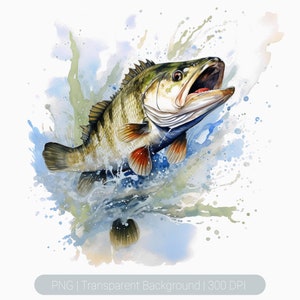 Puede incluir: Una pintura de acuarela de una lubina de boca grande saltando fuera del agua. El pez es verde, marrón y amarillo con una barriga blanca. El agua es azul y blanca con salpicaduras de verde y amarillo.