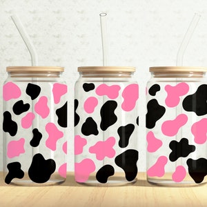 Rosa Kuh-Druck-Dosenverpackung, Kuhmuster 16 Unzen Glasdose, Tierdruck 16 Unzen Libbey Glasbecher-Behälter-Verpackung, Sublimations-Design