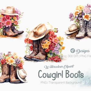 Floral Cowgirl Boots Clipart, Cowgirl hat Clipart, Watercolor Cowboy Boots Clipart, Country Sublimation print, transparent background png