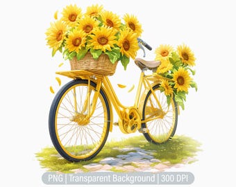 Sunflowers Bicycle Clipart, Retro Bike PNG, Yellow Flower Bicycle, Scrapbooking, Printable Sublimation Graphics, Commercial Use