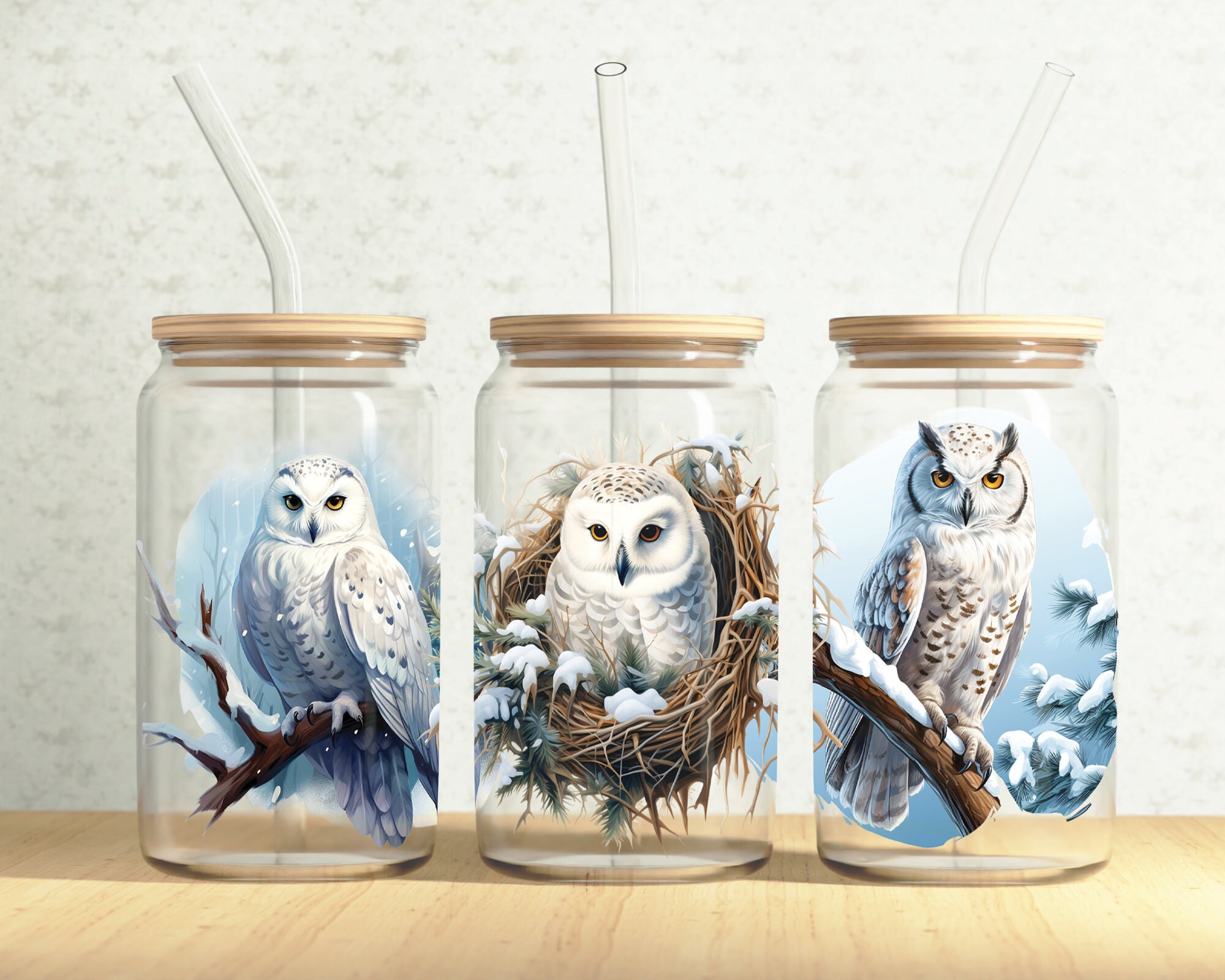 White Owls Glass Can Wrap, Owls 16oz Glass Can, Winter Snow Owl 16oz Libbey Glass Cup Tumbler Wrap, 