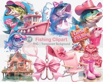 Pink Fishing Clipart, Pink Fishing Boat Png, Bass Fish, Reel Girl  printable  Sublimation Graphics, transparent background Wall Art Print