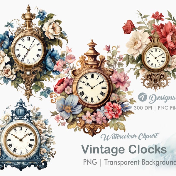 Floral Clock Clipart, Vintage Clock PNG, Antique Clock, Junk Journals, Scrapbooking, Sublimation Graphics, Transparent png, Art Prints