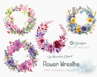 Watercolor Flower Wreath Clipart Bundle, spring floral, flowers clipart, flower frame png, Sublimation graphics, transparent background png