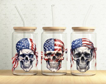 Patriotische Schädel-Glasdosenverpackung, amerikanischer Schädel 16 Unzen Glasdose, USA-Flagge 16 Unzen Libbey Glasschalen-Behälter-Verpackung, Sublimations-Design