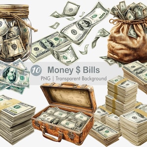 Può includere: Un set di dieci illustrazioni digitali di banconote in dollari americani in varie disposizioni. Le illustrazioni includono un barattolo di vetro pieno di banconote, una pila di banconote, una valigia piena di banconote, un sacco di juta che trabocca di banconote e banconote singole sparse su uno sfondo bianco. Le illustrazioni sono in stile cartone animato e hanno uno sfondo trasparente.