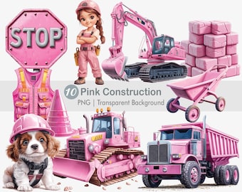 Pink Construction Clipart, Girl Construction PNG, Pink Construction Vehicles, Printable  Sublimation Graphics, Wall Art Print