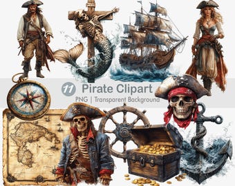 May include: A set of 11 pirate themed digital clipart images. The images include a pirate captain, a mermaid, a pirate ship, a compass, a treasure chest, a skull and crossbones, a pirate flag, a steering wheel, an anchor, a map, and a skeleton pirate.