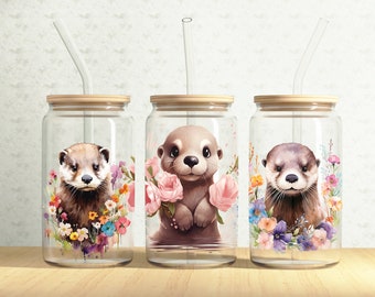 Floral Otters Glass Can Wrap, Cute Otter 16oz Glass Can, Baby Animals 16oz Libbey Glass Cup Tumbler Wrap, Sublimation Design