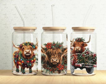 Christmas Highland Cow Can Wrap, Christmas Animals 16oz Glass Can, Highland Cow 16oz Libbey Glass Cup Tumbler Wrap, Sublimation Design