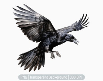 Flying Raven Clipart, Gothic Raven PNG, Dark Fantasy, Witch, Junk Journals, Scrapbooking, Sublimation Graphics, Transparent png, Art Prints