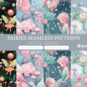 Fairy Digital Papers, Fairies Seamless Pattern, Fantasy Papers Printable Scrapbook Paper, Fairytale paper, floral fairy pattern
