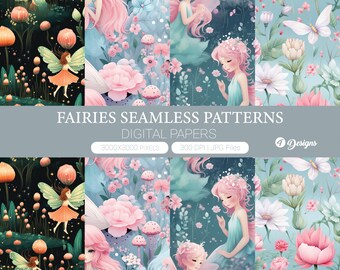 May include: Four digital paper designs featuring fairies and floral patterns. Each design is 3000x3000 pixels and 300 DPI. The designs are in JPG format.