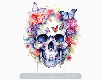 Watercolor Floral Skull Clipart png, flower skull png, Skull clipart, Sublimation Graphics, transparent png, Wall Art Print, Skull Overlay