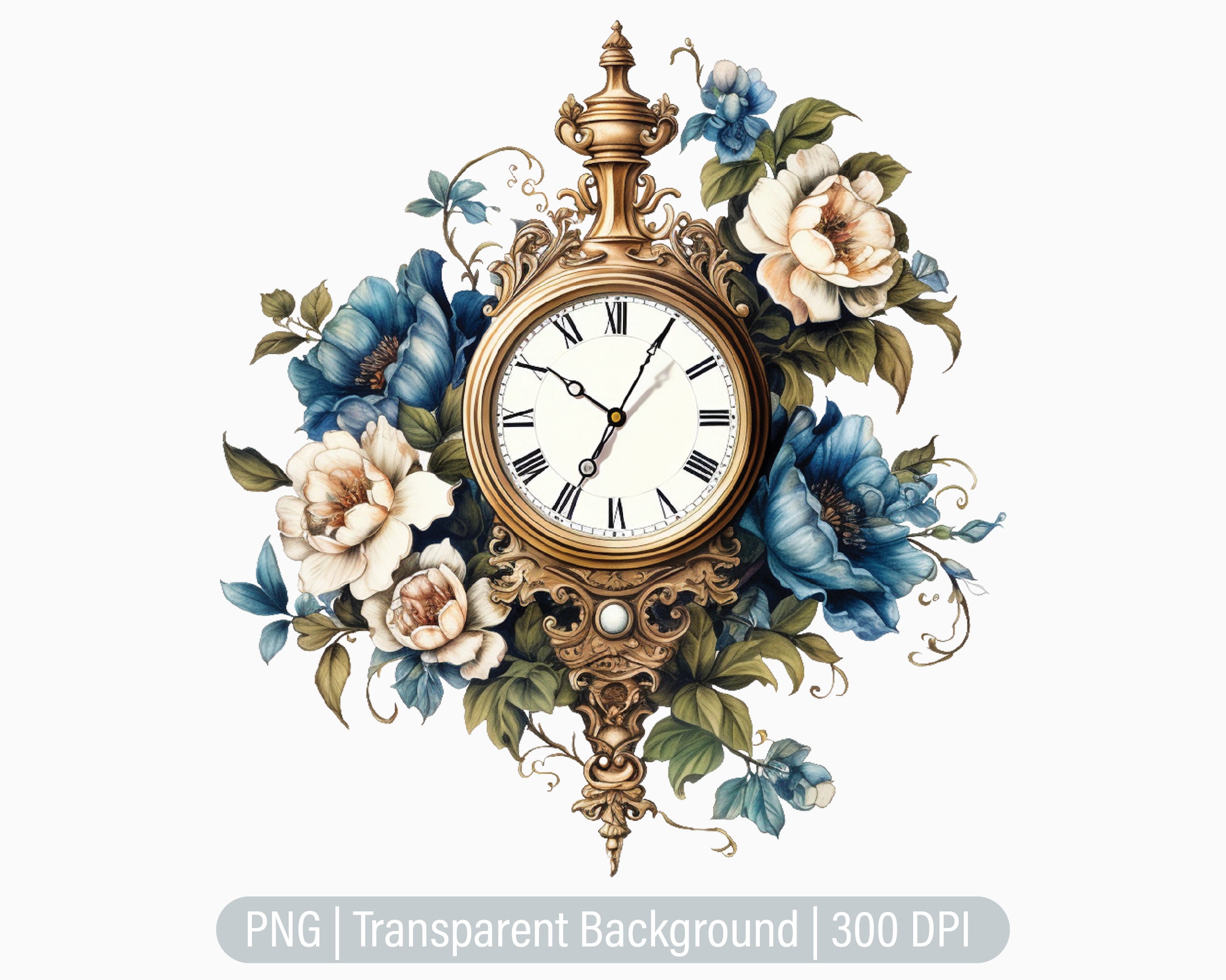 Floral Clock Clipart, Vintage Clock PNG, Antique Clock, Junk Journals, Scrapbooking, Sublimation Graphics, Transparent png, Art Prints