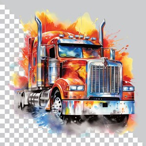 May include: A red, white, and blue semi-truck with a chrome grill and headlights. The truck is surrounded by colorful watercolor splatters.