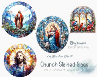 Christian Stained Glasss clipart, Watercolour Jesus clipart, Church window, printable graphics Sublimation print, transparent background png