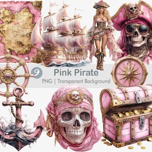 Rosa Pirat Clipart, Rosa Piratenschiff PNG, Piratenmädchen, Piratenschädel, druckbare Sublimationsgrafiken, Wand Kunst Druck