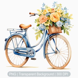 Floral Bicycle Clipart, Vintage Watercolor Bicycle, Spring Flowers, transparent png, Printable art, Retro Ride, Antique Cycle, Bicycle png