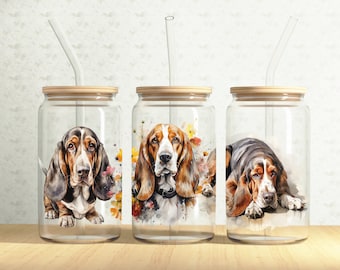 Basset Hound Glass Can Wrap, dog 16oz Glass Can, floral basset hound 16oz Libbey Glass Cup Tumbler Wrap, Sublimation Design