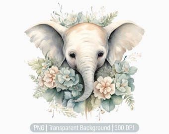Floral Baby Elephant Clipart, Elephant PNG, Nursery Prints, Junk Journals, Scrapbooking Sublimation Graphics, Transparent png, Art Prints