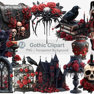 Gotische clipart, donkere fantasie, gotische meisje png, gotische rode rozen, afdrukbare sublimatie-graphics, transparante achtergrond Wall Art Print